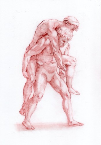 Young man carrying old - man,