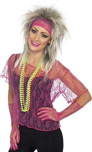 Ladies 1980s neon pink lace - neon,