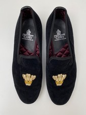 Crockett & Jones Black Velvet Slippers Loafers UK 9 – P.O.W Embroidered Crest