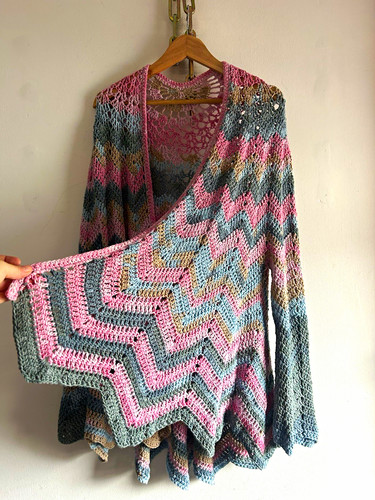 Pink blue crochet cardigan - , top
