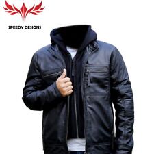 BLACK HOODED LEATHER BIKER JACKET FOR MEN REMOVEABLE HUD   PURE LEATHER UK