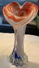 Vintage Mid Century Jack In The Pulpit Glass Vase White Orange Blue Twist Stem
