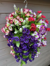 Artificial Garden Hanging Basket Outdoor Flowers Purple Pink Petunias Realistic