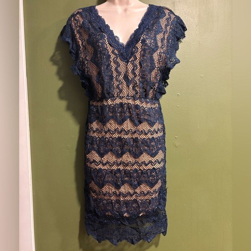 Lace neck dress navy - v-neck,
