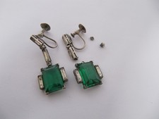 Vintage  Art Deco silver emerald paste drop earrings for repair.