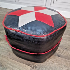 Vintage Black Red Patterned Foot Stool Pouffe Leather Ottoman Retro Moroccan