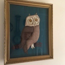 Gilt Framed Picture Of An Embroidered Stumpwork / Goldwork Owl