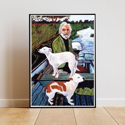 Man with two dogs - two, river