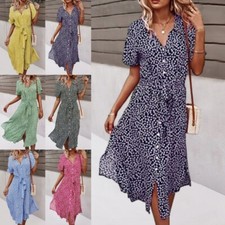 Ladies V Neck Casual Sundress Women Kaftan Short Sleeve Party Summer Midi Dress