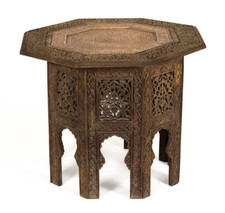 19th Century Hand Carved Moroccan Octagonal Side Table with Hammered Copper Tray