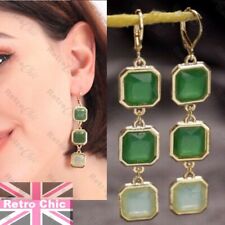 Retro 60s Vintage Style Long Drop Earrings Green Resin Stone Gold Tone Leverback