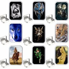 Various Designs Silver Hinged Tobacco Tins, 50 ml - 1oz. storage Box, pill tin