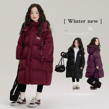 UK Girls Embroid Winter Long-line Coat Hooded Parka School Jacket Outwear Padded