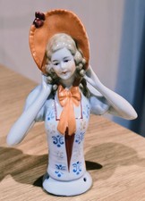 1920s Woman In Orange Bonnet Half Pin Cushion Doll 10cm Tall #15468 Nice Item