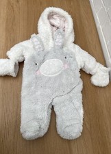Next Baby Girls Pramsuit Snowsuit White Grey Fluffy Up 1 Month Newborn One Piece