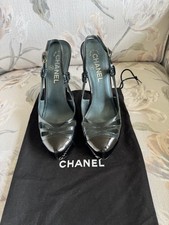 Chanel Green Enamel Heels Pumps, Black Tip, Black Carved Heels 12cm/4.26”,  S.38
