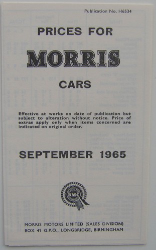 Morris price list 1965 mini - uk,