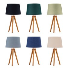 Dark Oak Wood Tripod Table Lamp Bedside Light with Fabric Shades