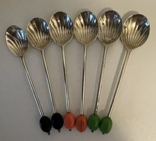 Vintage 6x Shell Shape Coffee Bean Spoons EPNS Multi Colour: Orange Green Black.