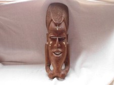 ETHNIC TRIBAL LIGHT WOOD INLAID DETAIL HANDCARVED LONG ELONGATED FACE MASK