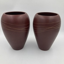 Pair Wooden Vases Brown With Gold Swirl Pattern 28cm Tall Modern Decor