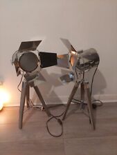 Pair Of Film Tripod Table Lamps Grey Wood and Silver Metal Film Director Lamp