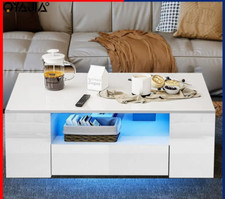 ‌Modern LED Coffee Table with 2 Drawers, Storage Table With Undershelf Display -