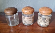 Set of 3 old pharmacy glass jars & lids 2 with labels antique
