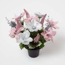 Artificial Pink Poinsettia and Glitter Grave Vase