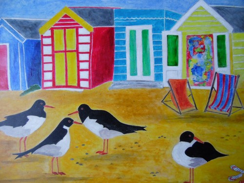 Oystercatchers beach huts - by,