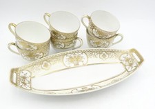 Antique Japanese Noritake Gold Basket Flowers Six Tea Cups Serving Dish