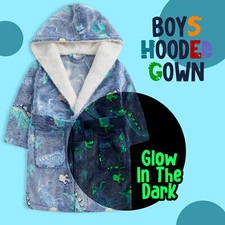 Kids Infant Boys Glow In the Dark Dino Fleece Hooded Dressing Gown 2-13 Years UK