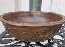 Vintage Hand Carved Wooden African Fruit Bowl Elephant Lion Rhino 12" Diax3.5" h