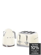 SMEG 1.7L 3kw Kettle & 4-slice Toaster Set, Stainless Steel in Cream