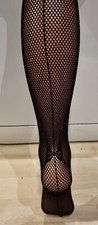 Ladies Black Fishnet Tights With Back Seam And Bow Detail One Size