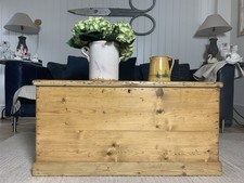 Old Victorian Pine Chest, Antique Wooden Trunk Blanket Box, Coffee Table Vintage