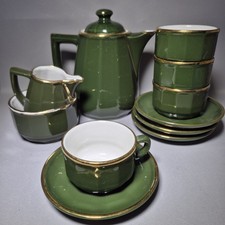 11 Pcs Apilco Vintage Dark Green Gold Porcelain Coffee Set Cups Saucers Pot Jug