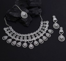 Indian Design Bollywood Silver Plated White AD Cz Necklace Tika Jewelry