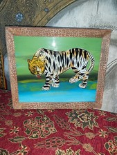 VINTAGE INDIAN REVERSE GLASS PAINTING OF A INDIAN TIGER  29cm x 33cm