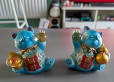 Vintage 2" Blue Lucky Cat Set - Chinese Cat Figurine Ornaments