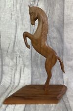 Hand Carved Elegant Wooden Horse Rearing Figurine On Wooden Base