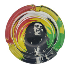 Decaled Thick Glass Smoking Ashtray - Bob Marley Reggae Rasta BW - 3.5 inch Wide