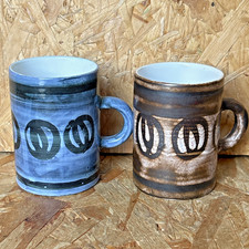 2 x Vintage Cinque Ports Studio Pottery Hand Painted Mug Cup - Rye England