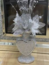 Silver Vase With Flowers Heart Mosaic Crushed Crystal Romany Glitter Bling 30 cm