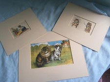 3 mounted louis wain prints from old book.