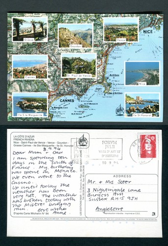Riviera france map postcard - riviera,