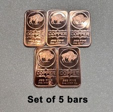 1 oz Buffalo Nickel Copper Bar Bullion 999 Pure Ingot Cu (Set of 3, 5, 10, 20)