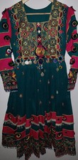 Afghan Green Dress With Pink Trousers And Scarf with Mirrors -3piece -