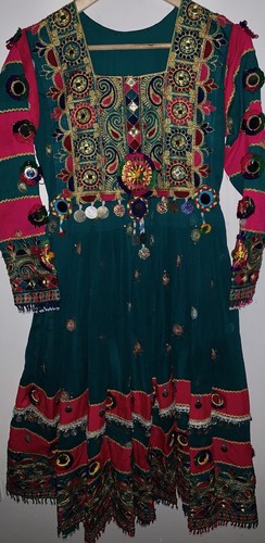 Afghan green dress with pink - afghan,