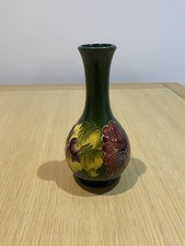Moorcroft Pottery Hibiscus Flower Vase Dark Green. Good Condition  16cm